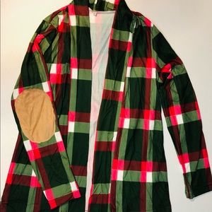 Green and pink plaid cardigan